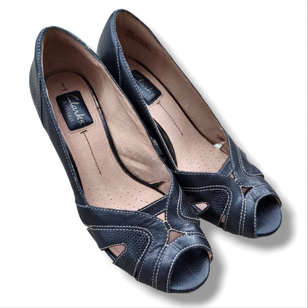 CLARKS Artisan Black Leather Peep Toe Wedge Shoes